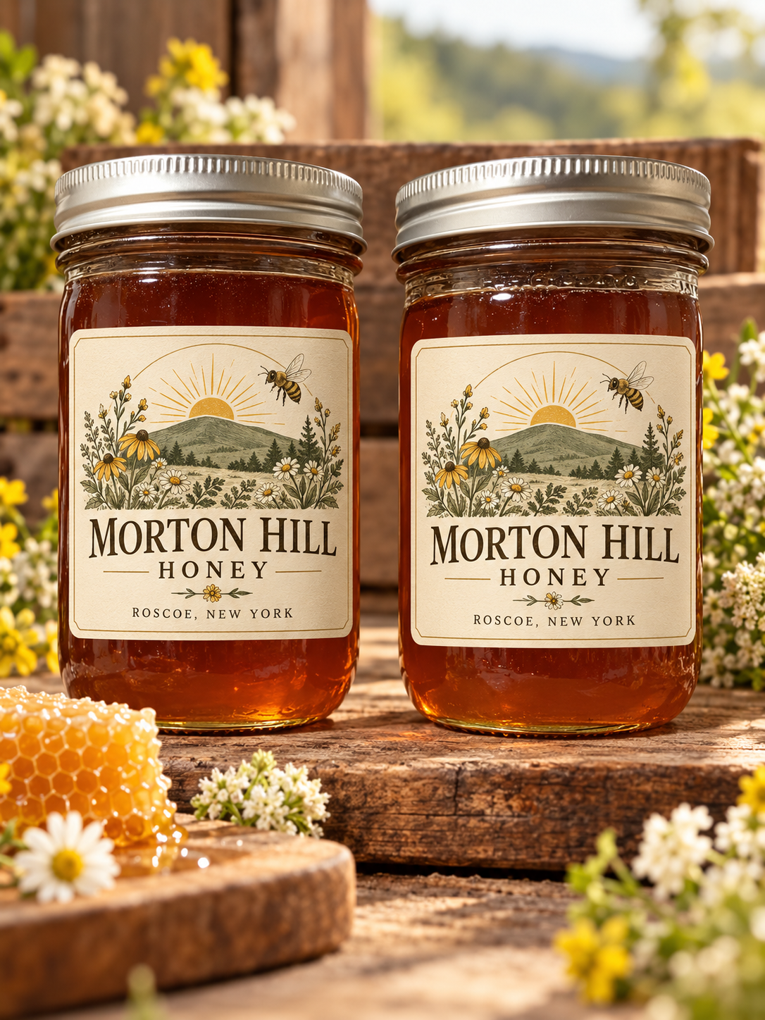 Two amber honey jars with the Morton Hill label