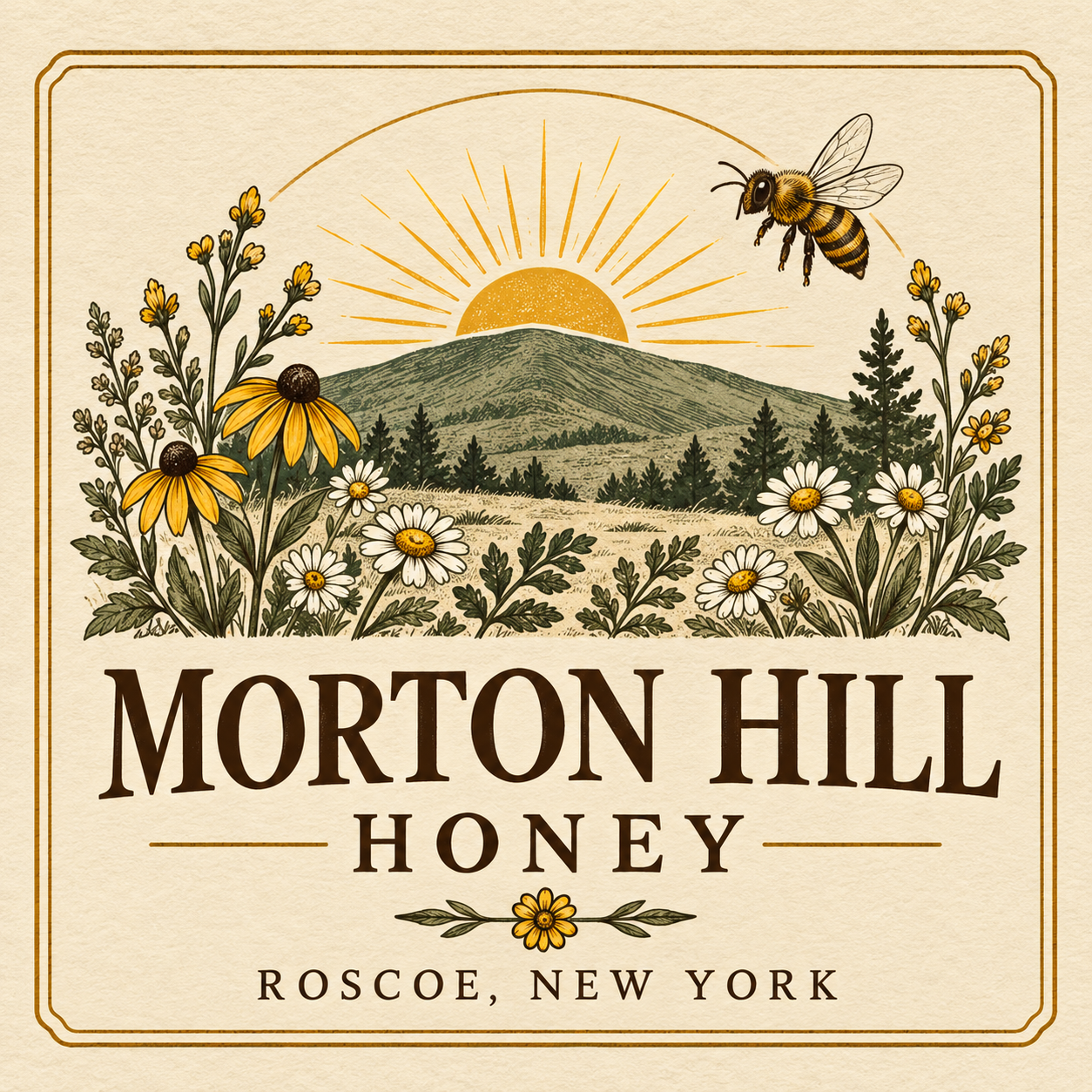 Morton Hill Honey label showing a bee, a sunrise over a hill, and wildflowers